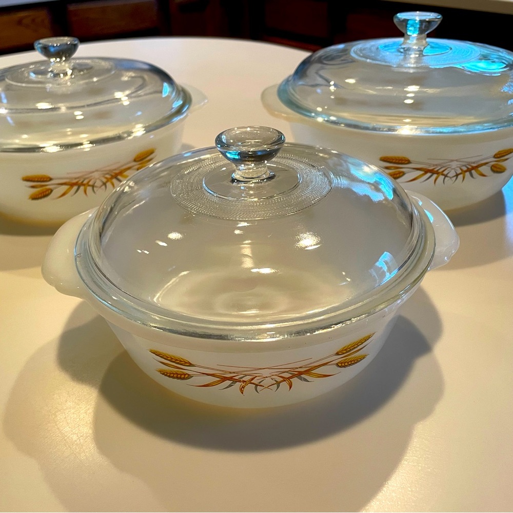Vintage Fire King Casserole Dishes Wheat Pattern Set of 3-Baking Dishes W/ Lids